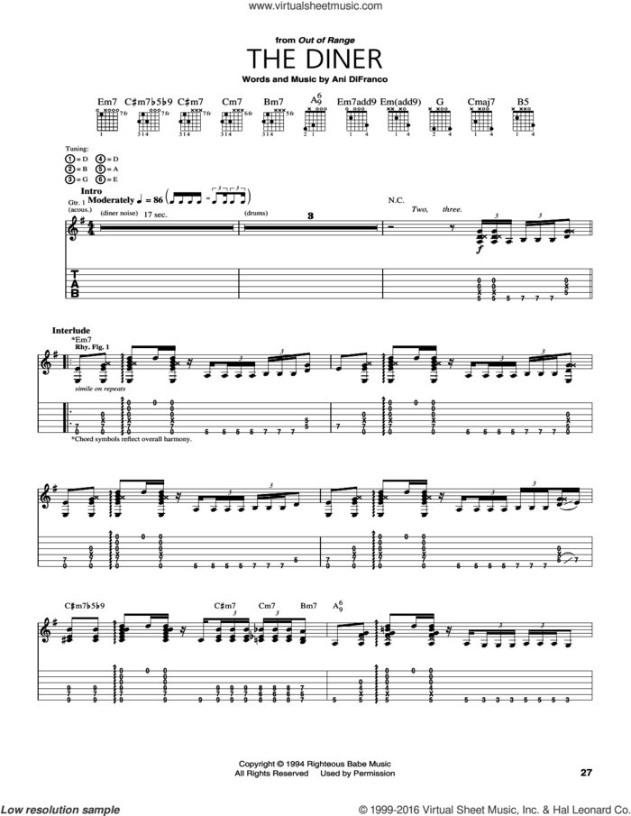 The Diner sheet music for guitar (tablature) by Ani DiFranco, intermediate skill level