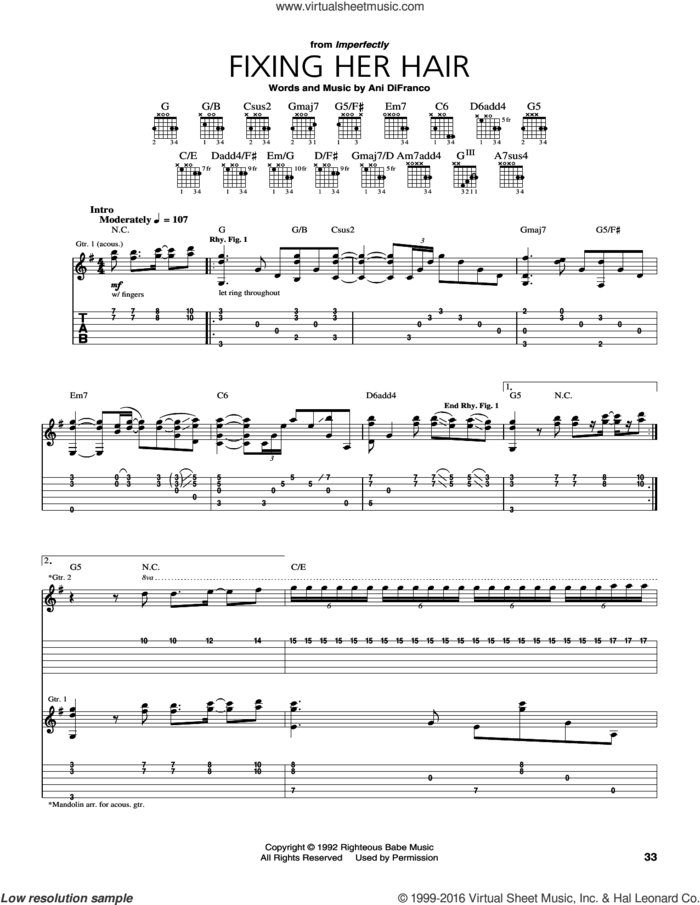 Fixing Her Hair sheet music for guitar (tablature) by Ani DiFranco, intermediate skill level