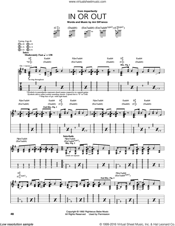 In Or Out sheet music for guitar (tablature) by Ani DiFranco, intermediate skill level