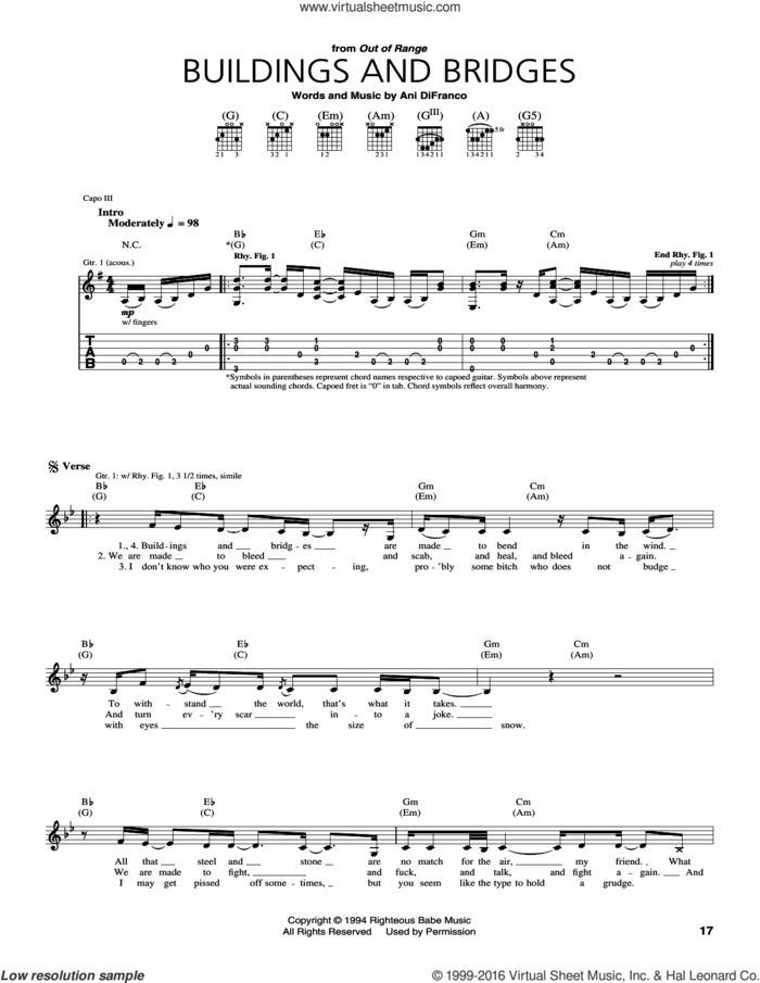 Buildings and Bridges sheet music for guitar (tablature) by Ani DiFranco, intermediate skill level