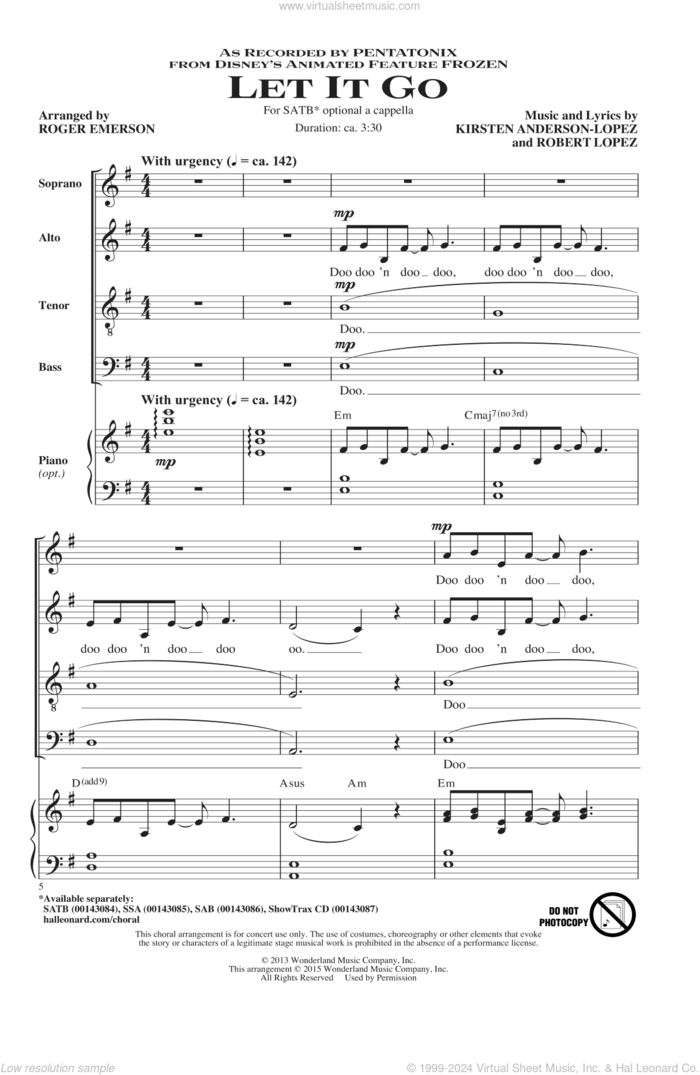 Let It Go (from Frozen) (arr. Roger Emerson) sheet music for choir (SATB: soprano, alto, tenor, bass) by Roger Emerson, Idina Menzel, Kristen Anderson-Lopez, Pentatonix and Robert Lopez, intermediate skill level