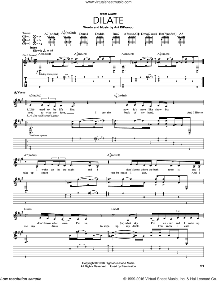 Dilate sheet music for guitar (tablature) by Ani DiFranco, intermediate skill level