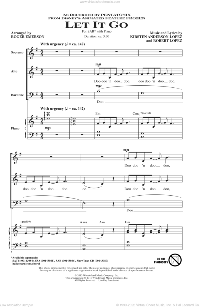 Let It Go (from Frozen) (arr. Roger Emerson) sheet music for choir (SAB: soprano, alto, bass) by Roger Emerson, Idina Menzel, Kristen Anderson-Lopez, Pentatonix and Robert Lopez, intermediate skill level