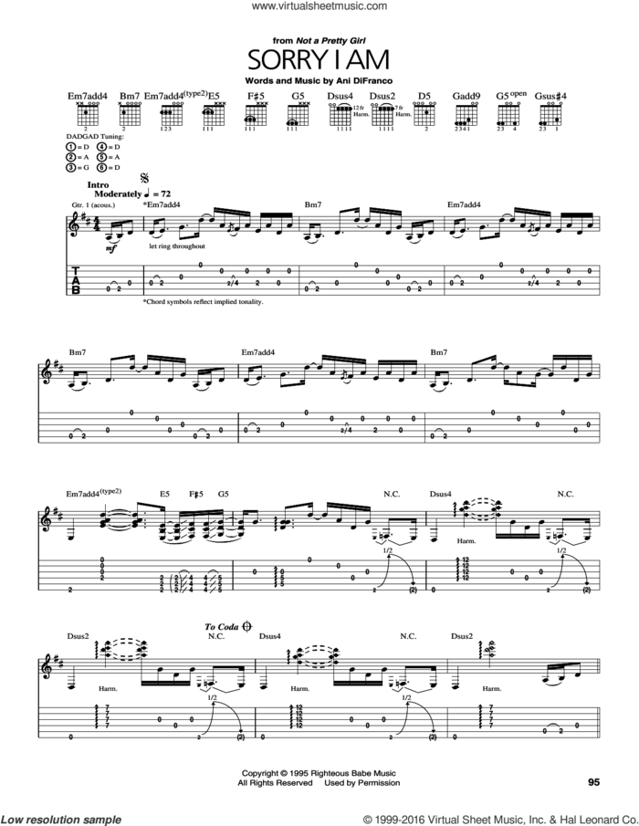 Sorry I Am sheet music for guitar (tablature) by Ani DiFranco, intermediate skill level