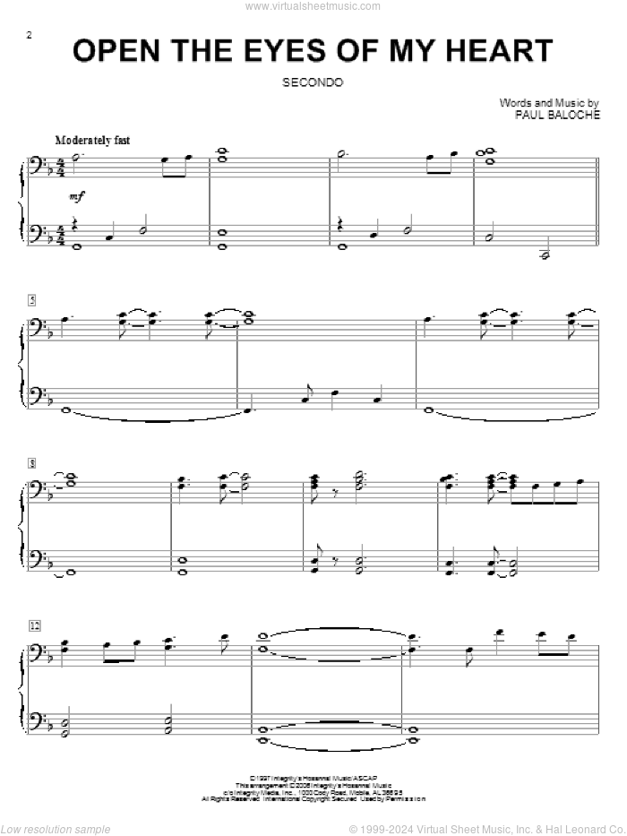 Open The Eyes Of My Heart sheet music for piano four hands by Paul Baloche and Sonicflood, intermediate skill level