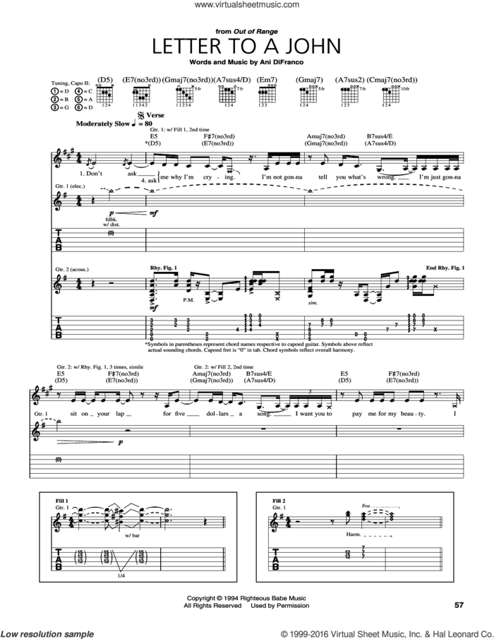 Letter To A John sheet music for guitar (tablature) by Ani DiFranco, intermediate skill level
