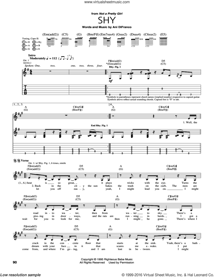 Shy sheet music for guitar (tablature) by Ani DiFranco, intermediate skill level