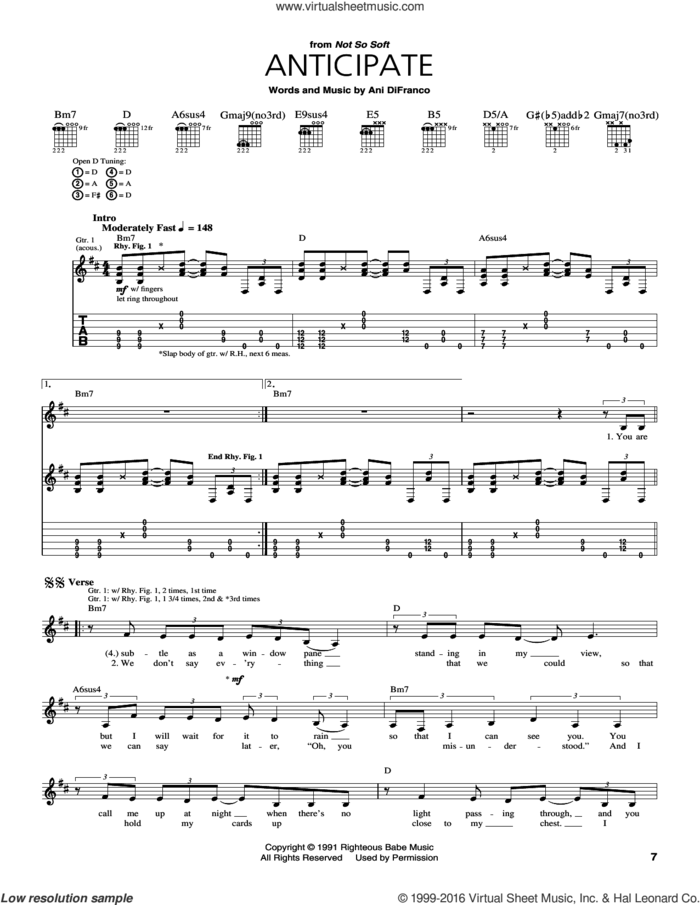 Anticipate sheet music for guitar (tablature) by Ani DiFranco, intermediate skill level