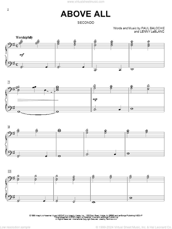 Above All sheet music for piano four hands by Paul Baloche and Lenny LeBlanc, intermediate skill level