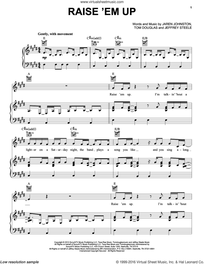 Raise 'Em Up sheet music for voice, piano or guitar by Keith Urban feat. Eric Church, Jaren Johnston, Jeffrey Steele, Keith Urban and Tom Douglas, intermediate skill level