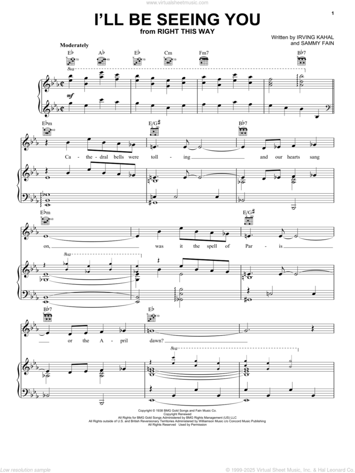 I'll Be Seeing You sheet music for voice, piano or guitar by Frank Sinatra, Irving Kahal and Sammy Fain, intermediate skill level