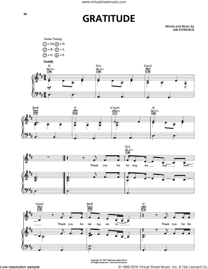 Gratitude sheet music for voice, piano or guitar by Ani DiFranco, intermediate skill level