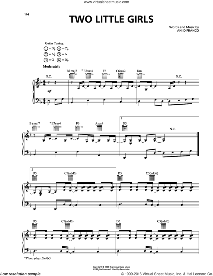 Two Little Girls sheet music for voice, piano or guitar by Ani DiFranco, intermediate skill level