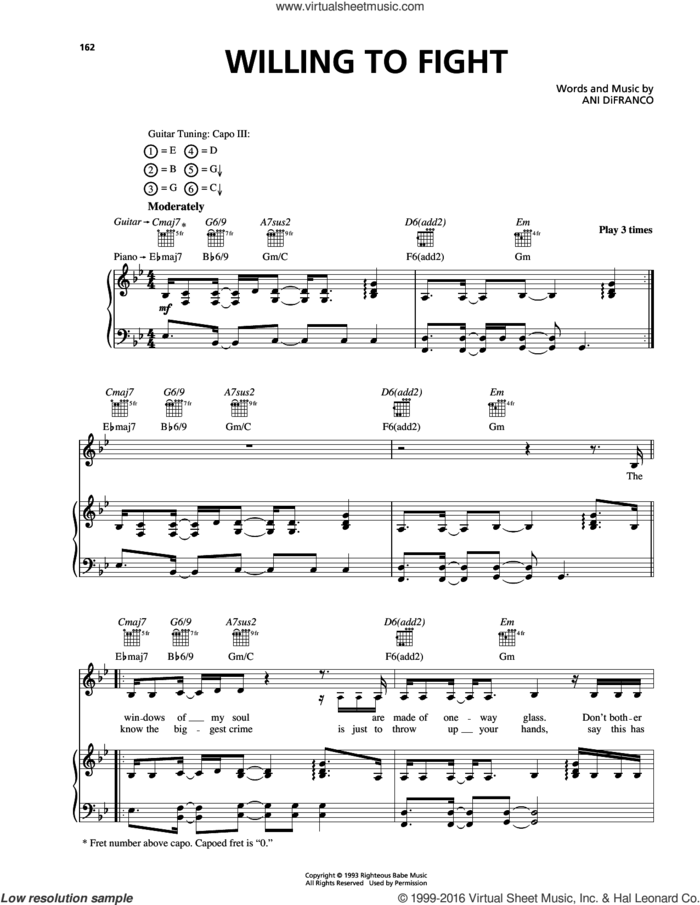 Willing To Fight sheet music for voice, piano or guitar by Ani DiFranco, intermediate skill level
