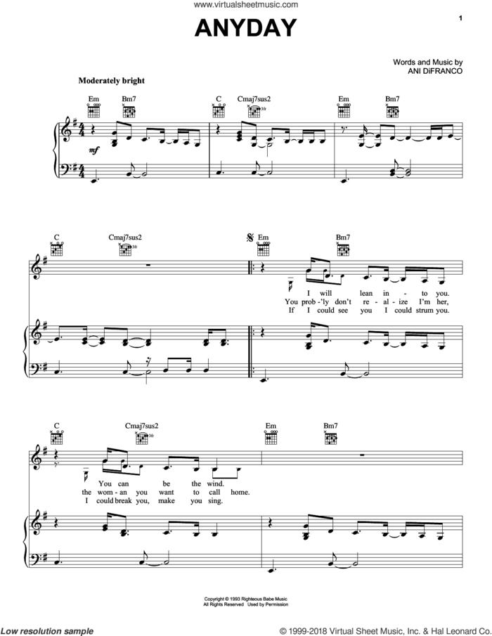 Anyday sheet music for voice, piano or guitar by Ani DiFranco, intermediate skill level