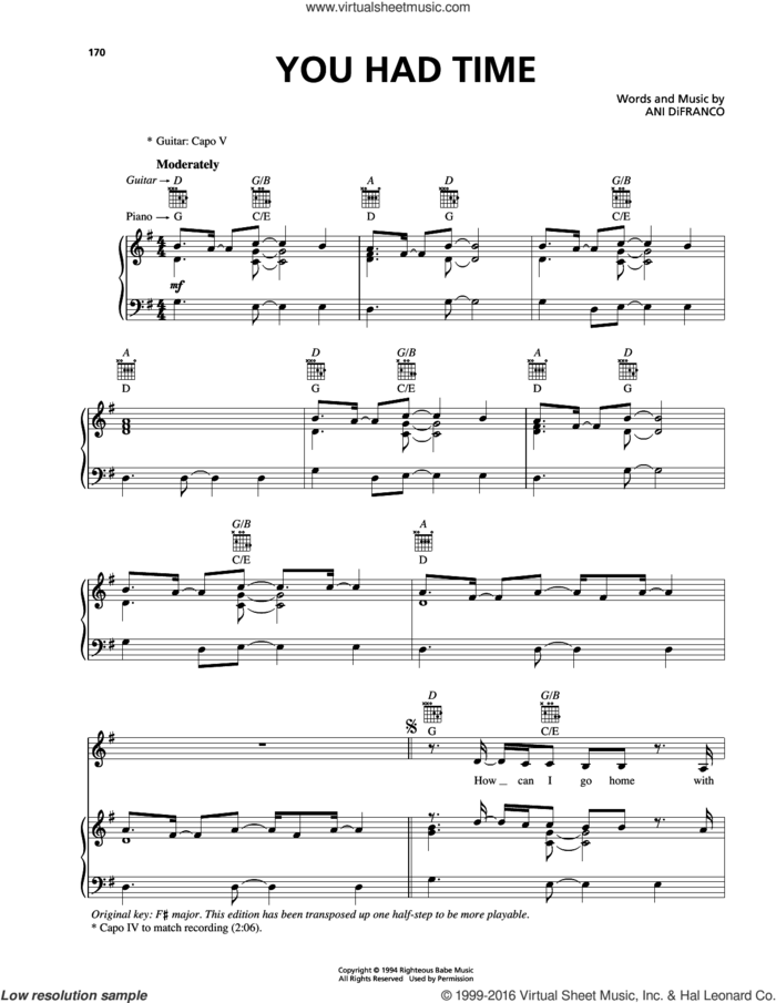 You Had Time sheet music for voice, piano or guitar by Ani DiFranco, intermediate skill level