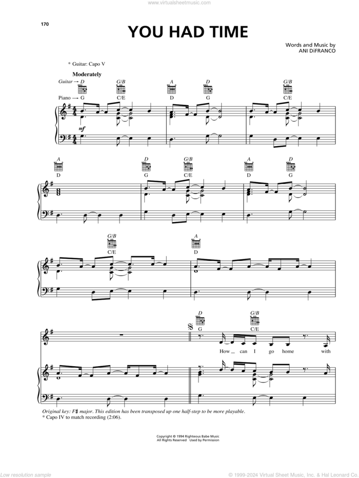 You Had Time sheet music for voice, piano or guitar by Ani DiFranco, intermediate skill level
