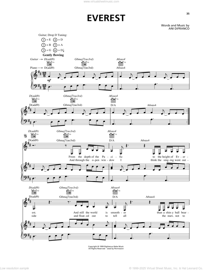 Everest sheet music for voice, piano or guitar by Ani DiFranco, intermediate skill level