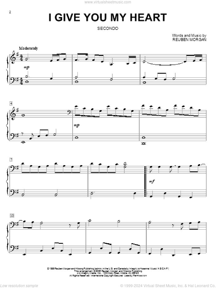 I Give You My Heart sheet music for piano four hands by Hillsong Worship, Jeff Deyo, The Katinas and Reuben Morgan, intermediate skill level
