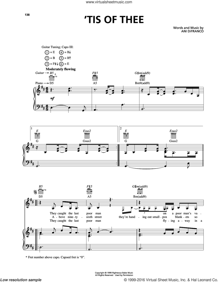 'Tis Of Thee sheet music for voice, piano or guitar by Ani DiFranco, intermediate skill level