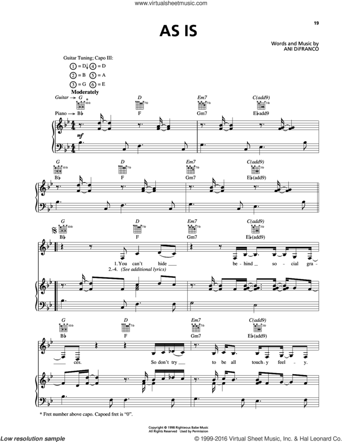 As Is sheet music for voice, piano or guitar by Ani DiFranco, intermediate skill level