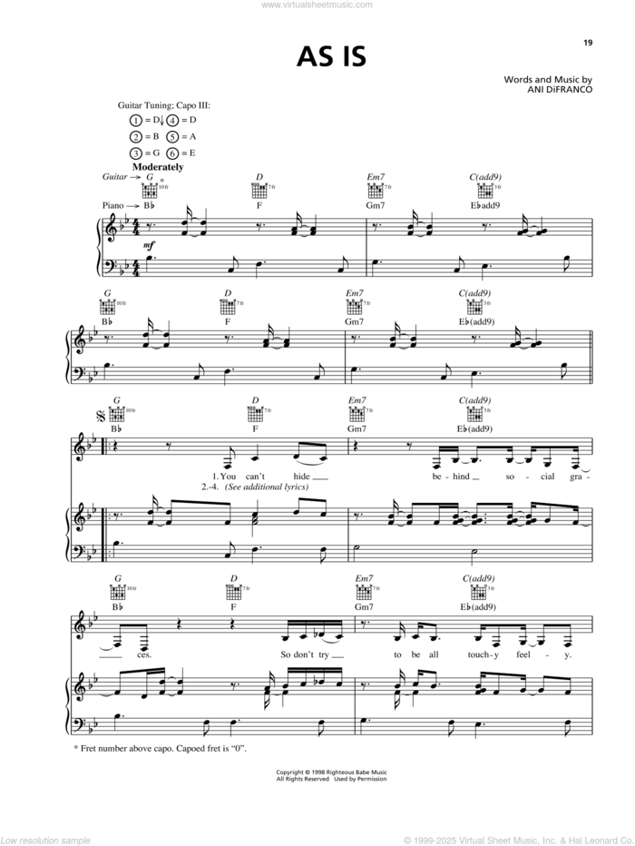 As Is sheet music for voice, piano or guitar by Ani DiFranco, intermediate skill level