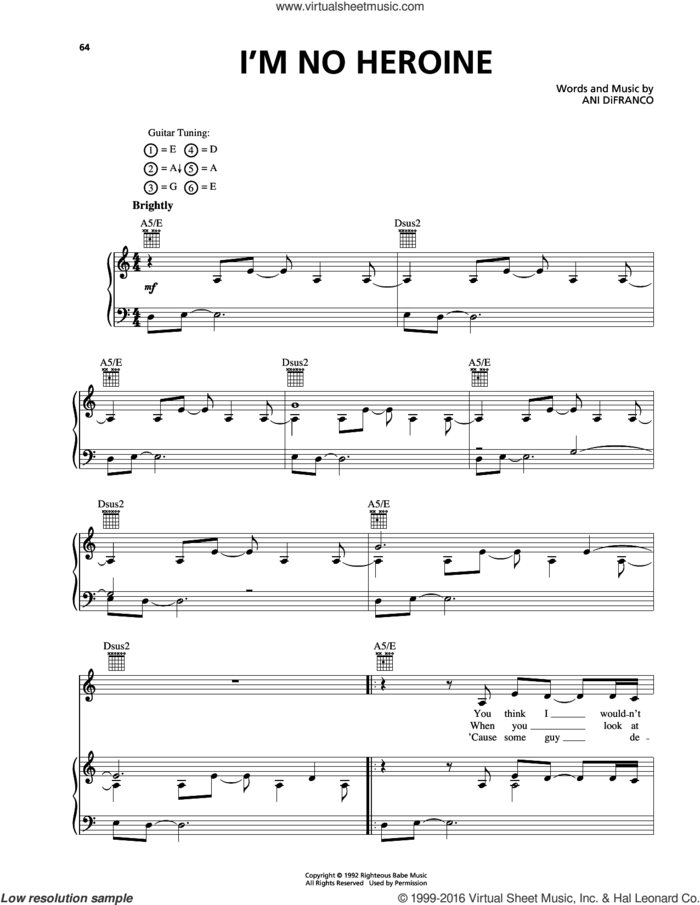 I'm No Heroine sheet music for voice, piano or guitar by Ani DiFranco, intermediate skill level