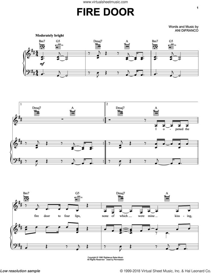 Fire Door sheet music for voice, piano or guitar by Ani DiFranco, intermediate skill level