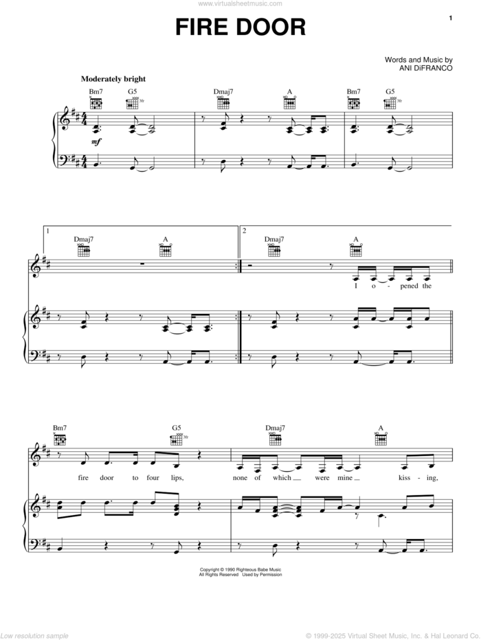 Fire Door sheet music for voice, piano or guitar by Ani DiFranco, intermediate skill level