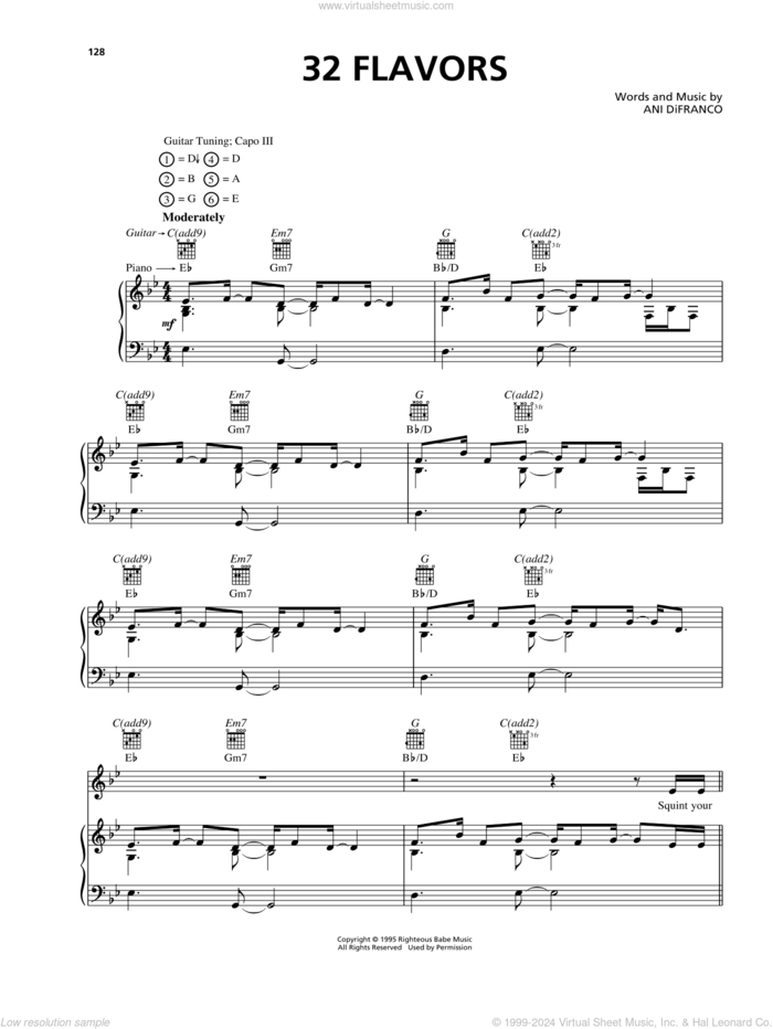 32 Flavors sheet music for voice, piano or guitar by Ani DiFranco, intermediate skill level