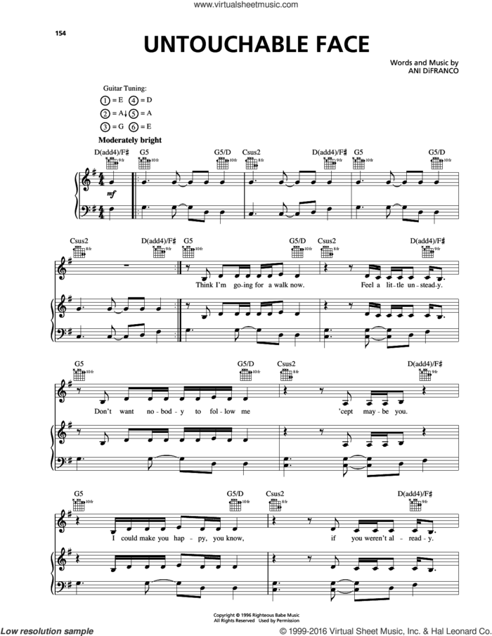 Untouchable Face sheet music for voice, piano or guitar by Ani DiFranco, intermediate skill level