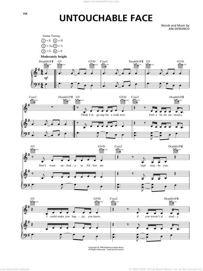 Untouchable Face sheet music for voice, piano or guitar by Ani DiFranco, intermediate skill level