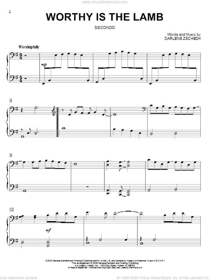 Worthy Is The Lamb sheet music for piano four hands by Darlene Zschech, intermediate skill level