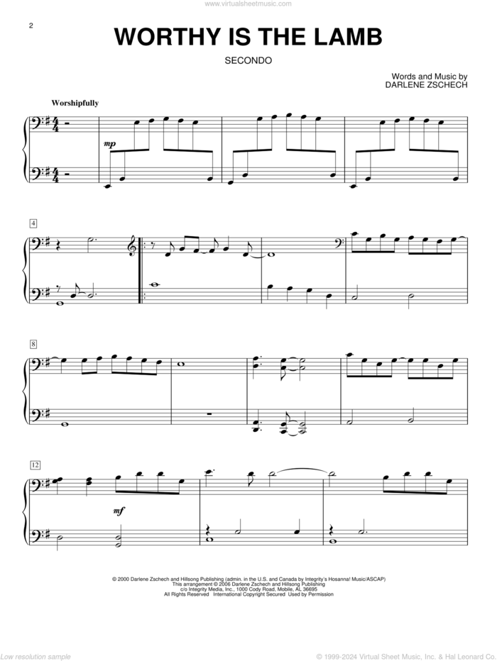 Worthy Is The Lamb sheet music for piano four hands by Darlene Zschech, intermediate skill level