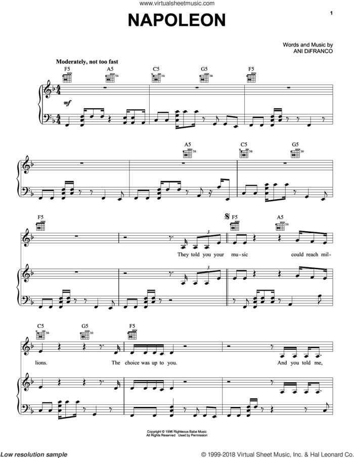 Napoleon sheet music for voice, piano or guitar by Ani DiFranco, intermediate skill level