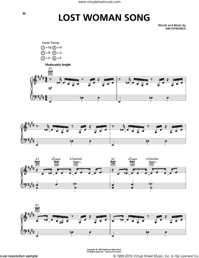 Lost Woman Song sheet music for voice, piano or guitar by Ani DiFranco, intermediate skill level