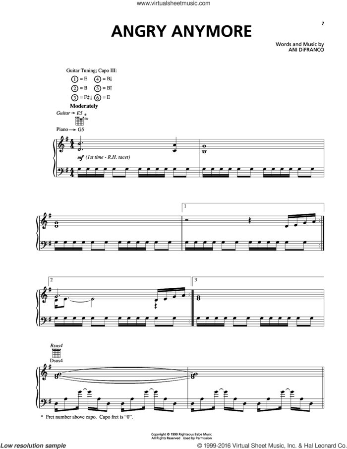 Angry Anymore sheet music for voice, piano or guitar by Ani DiFranco, intermediate skill level