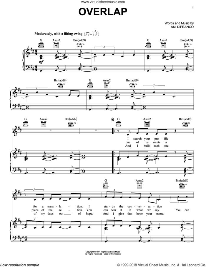 Overlap sheet music for voice, piano or guitar by Ani DiFranco, intermediate skill level