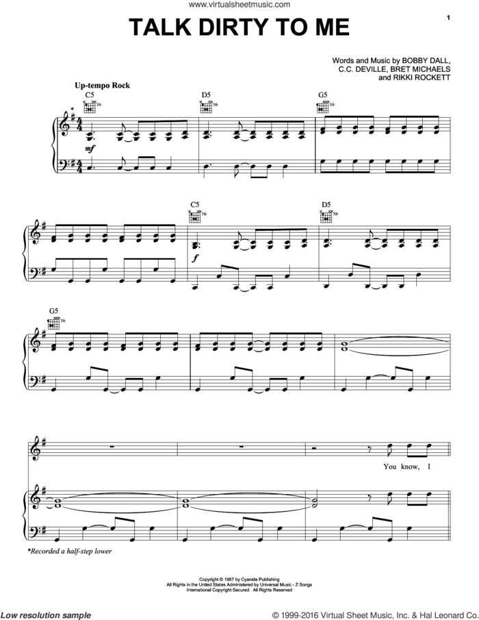 Talk Dirty To Me sheet music for voice, piano or guitar by Poison, Bobby Dall, Bret Michaels, C.C. Deville and Rikki Rockett, intermediate skill level