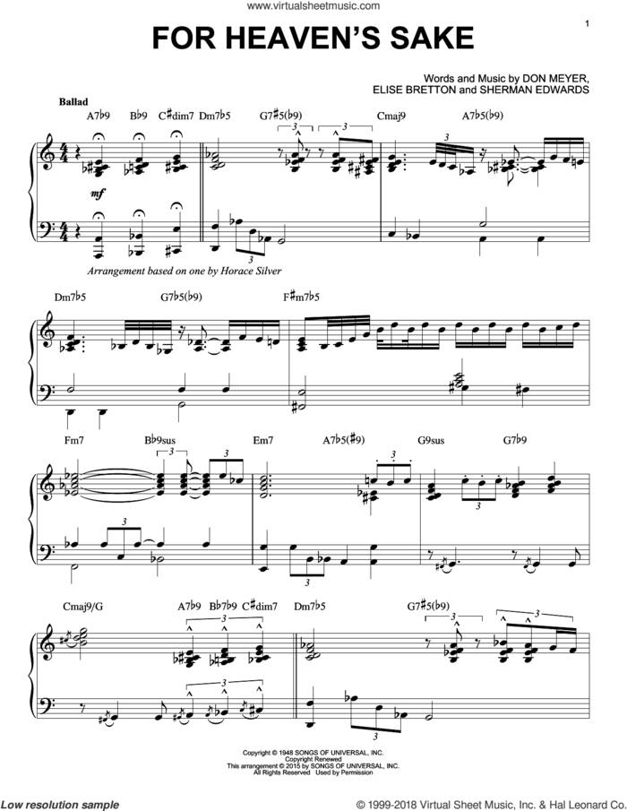 For Heaven's Sake (arr. Brent Edstrom) sheet music for piano solo by Horace Silver, Claude Thornhill, Don Meyer, Elise Bretton and Sherman Edwards, intermediate skill level
