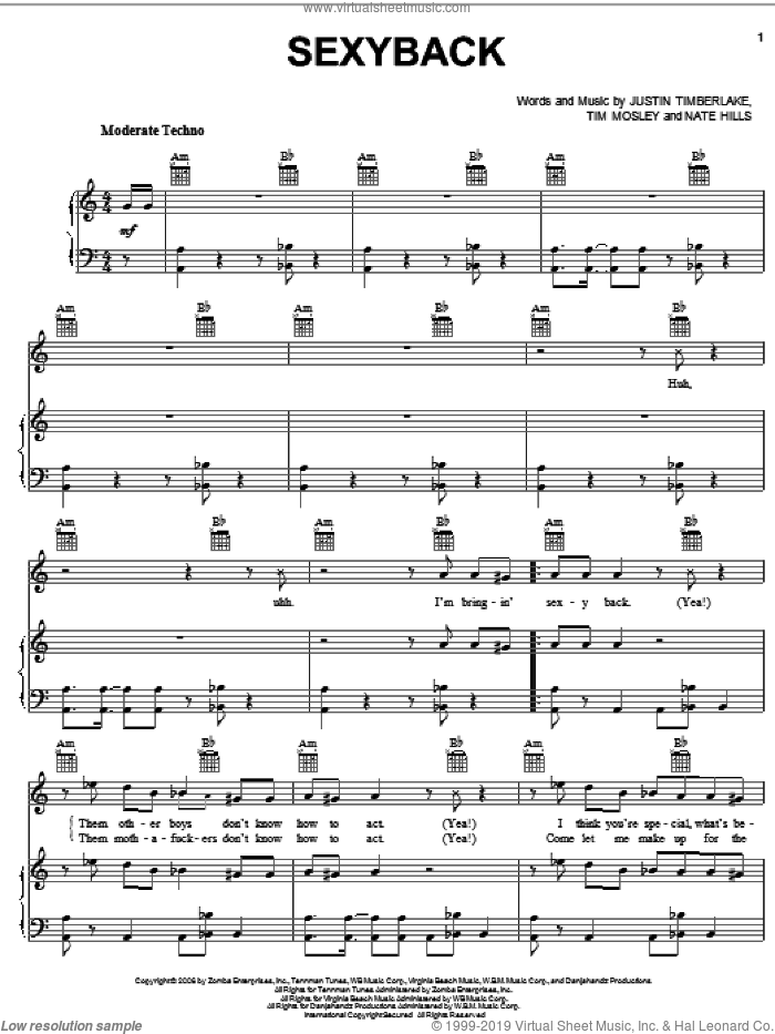 SexyBack sheet music for voice, piano or guitar by Justin Timberlake, Nate Hills and Tim Mosley, intermediate skill level