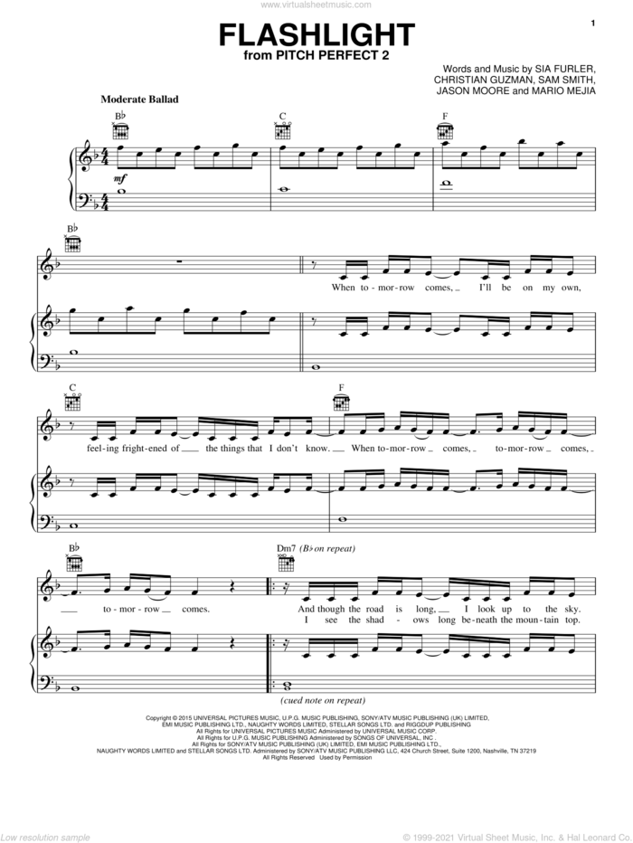 Flashlight sheet music for voice, piano or guitar by Sam Smith, Jessie J, Christian Guzman, Jason Moore, Jessie J., Mario Mejia and Sia Furler, intermediate skill level