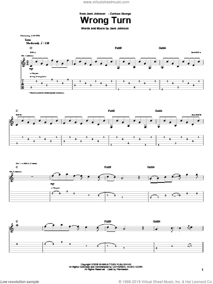 Wrong Turn sheet music for guitar (tablature) by Jack Johnson and Curious George (Movie), intermediate skill level