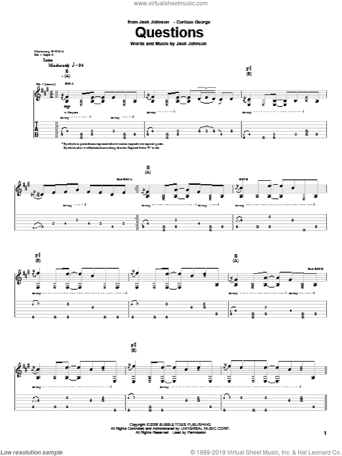 Questions sheet music for guitar (tablature) by Jack Johnson and Curious George (Movie), intermediate skill level