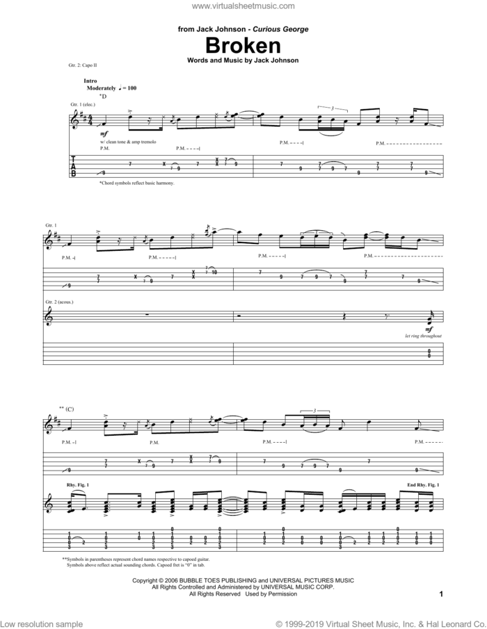 Broken sheet music for guitar (tablature) by Jack Johnson and Curious George (Movie), intermediate skill level