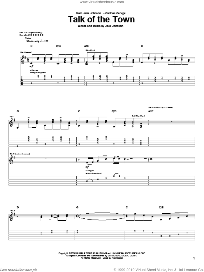 Talk Of The Town sheet music for guitar (tablature) by Jack Johnson and Curious George (Movie), intermediate skill level
