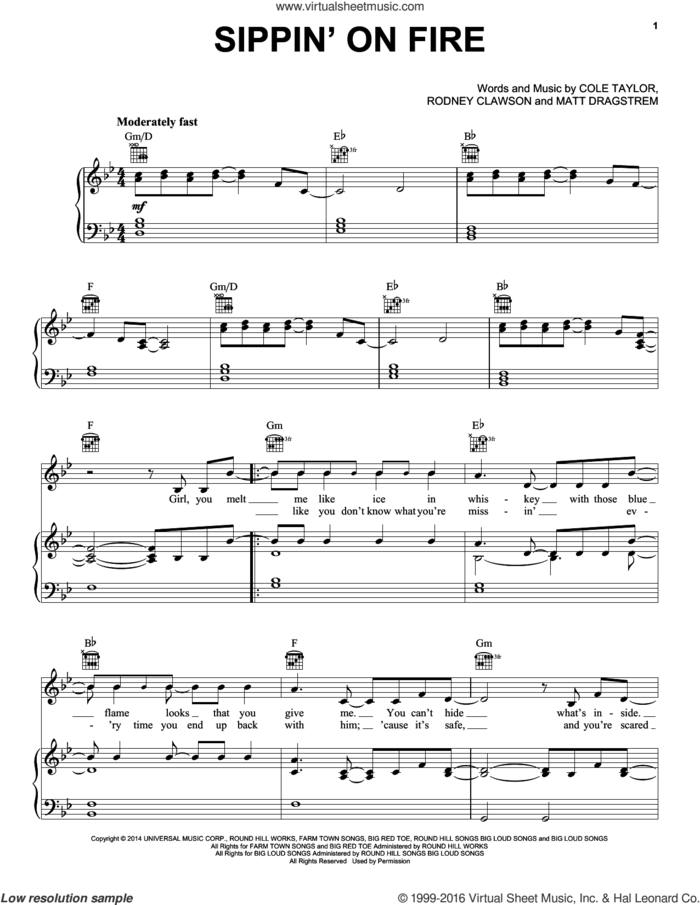 Sippin' On Fire sheet music for voice, piano or guitar by Florida Georgia Line, Cole Taylor, Matt Dragstrem and Rodney Clawson, intermediate skill level