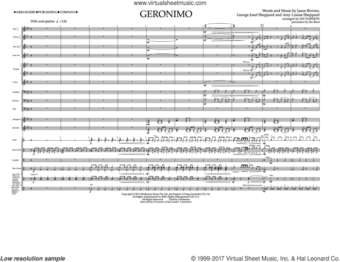 Geronimo (COMPLETE) sheet music for marching band by Jay Dawson, Amy Louise Sheppard, George Josef Sheppard, Jason Bovino and Sheppard, intermediate skill level