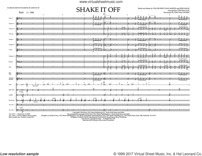 Shake It Off (COMPLETE) sheet music for marching band by Taylor Swift, Johan Schuster, Max Martin, Shellback and Tom Wallace, intermediate skill level