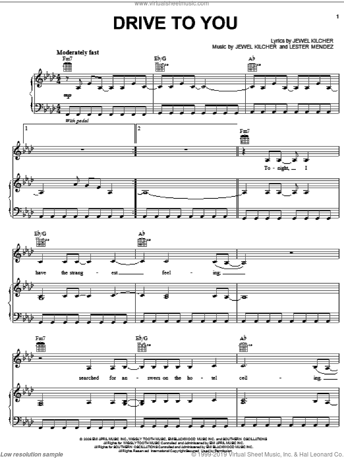 Drive To You sheet music for voice, piano or guitar by Jewel, Jewel Kilcher and Lester Mendez, intermediate skill level